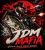 JDM Mafia original logo with bearded gangster, Tommy gun, largemouth bass and red Japanese landscape